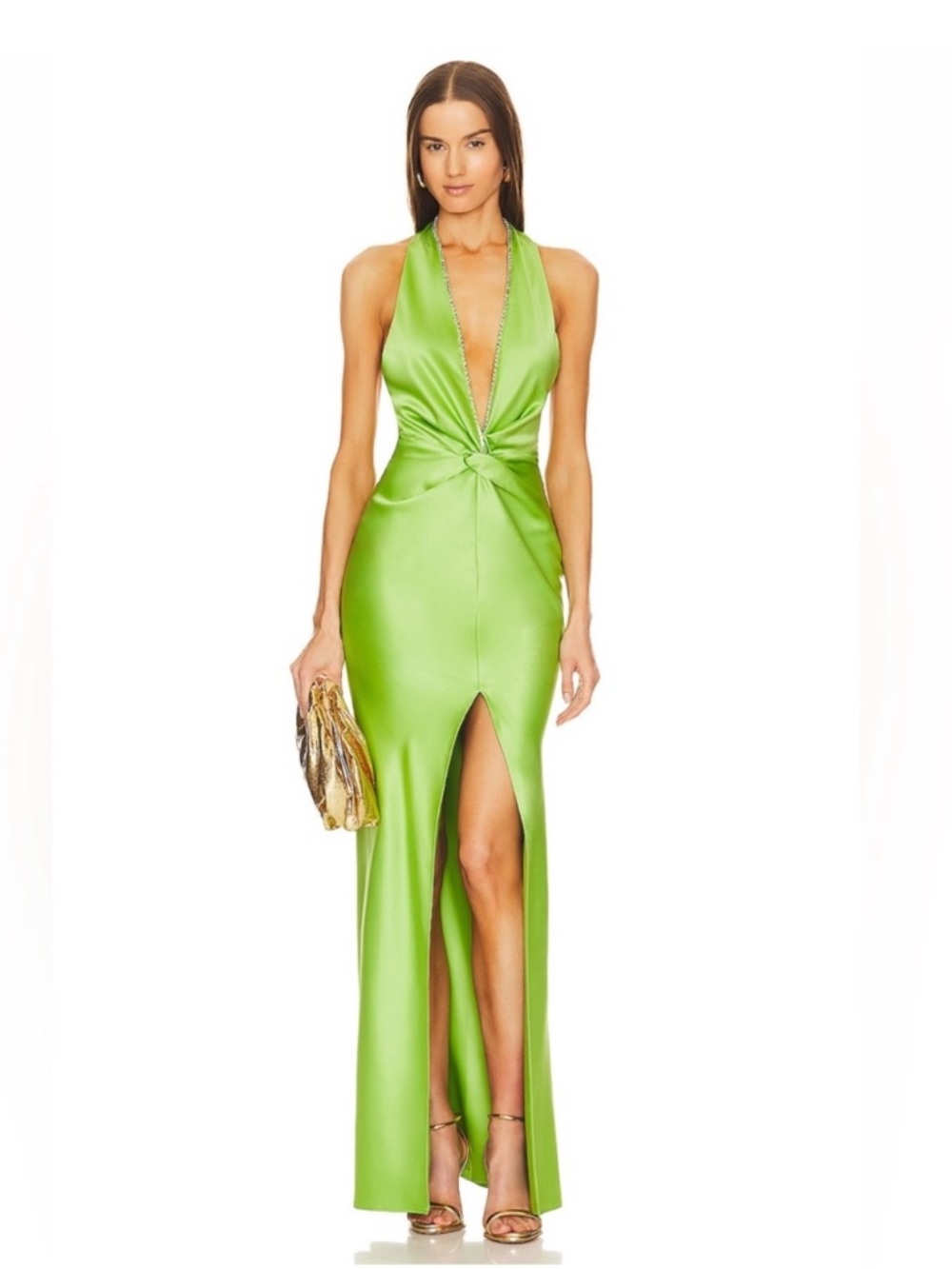 Khanum's X REVOLVE Halter Gown With Slit in Pear Green Small